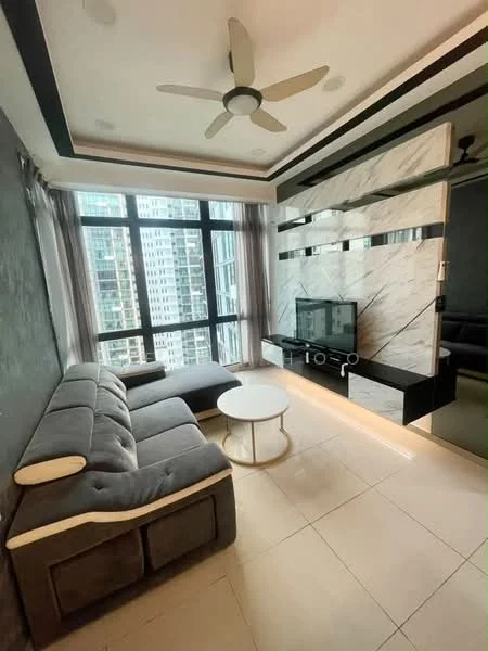 Living features: L-shape sectional sofa in grey, round coffee table with white top and gold base, wall-mounted TV, feature wall with marble cladding, floor-to-ceiling windows, sheer curtains, ceiling fan with light, tile flooring, decorative wall paneling, light fixtures, neutral wall color; style: modern; view: city.