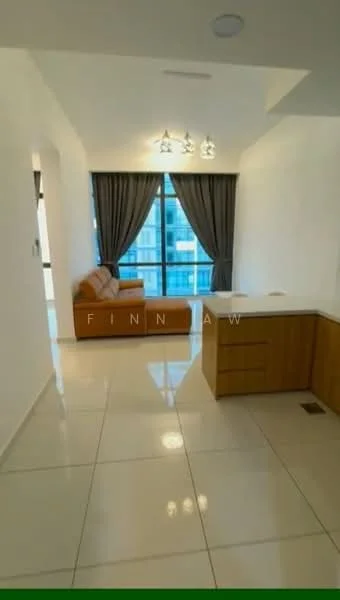 Living features: cream painted walls, white ceiling, recessed downlights, floor-to-ceiling windows, grey curtains, 3-seater fabric sofa in beige, polished ceramic tile flooring, open kitchen layout with breakfast bar, wood cabinetry, kitchen island; style: modern; view: city.