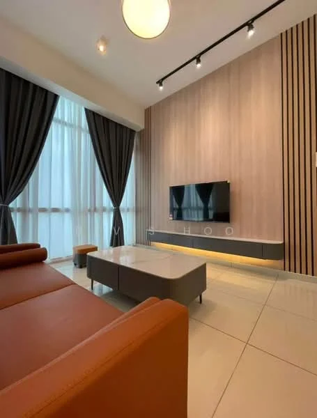 Living features: 3-seater leather sofa in orange, coffee table with grey surface, wall-mounted TV, floor-to-ceiling windows, sheer curtains, blackout curtains, wood panel accent wall, recessed LED downlights, light fixture on ceiling, glossy tile flooring; style: modern.
