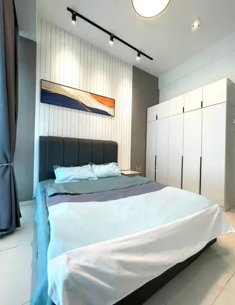 Bedroom features: king-size bed with upholstered headboard, white bedding with blue accents, built-in wardrobe with sliding doors, white painted walls, grey accent wall, recessed ceiling lights, floor-to-ceiling curtains, tile flooring, decorative wall art; style: modern.