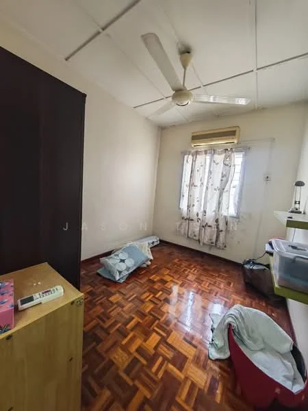 Bedroom features: wooden flooring, white painted walls, ceiling fan, window with sheer curtains, air conditioning unit, built-in wardrobe, decorative items on shelf, two bags on the floor.