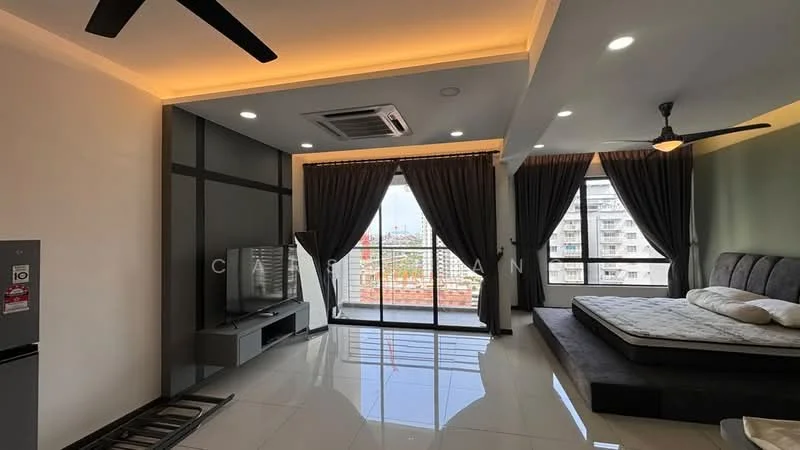 Living features: grey accent wall, white painted walls, black upholstered bed, floor-to-ceiling windows, black curtains, recessed downlights, 5-blade ceiling fan, air conditioning unit, polished tile flooring, TV console, television, sliding glass door, balcony view, decorative ceiling, fridge; style: modern; view: city.