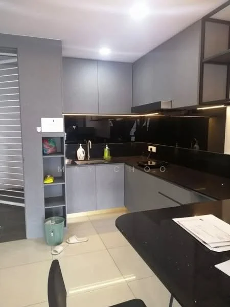 Kitchen features: black granite countertop, grey cabinetry, stainless-steel sink, chrome pull-down faucet, black tiled backsplash, built-in oven, freestanding range oven, recessed LED downlights, open shelving, floor-to-ceiling cabinets, ceramic tile flooring, kitchen island with seating, white walls; style: modern.