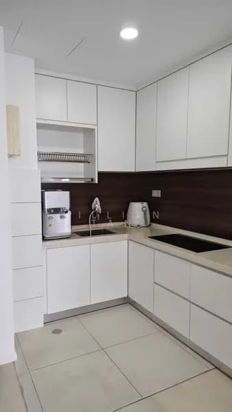 Kitchen features: white shaker cabinets, granite countertop, stainless-steel sink, chrome pull-down faucet, built-in microwave, electric stove, tile backsplash, recessed downlights, open shelving, cream tiled flooring; style: modern.