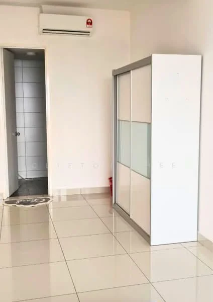 Room features: white painted walls, glossy ceramic tile flooring, 1 wall-mounted split AC, sliding wardrobe with glass panels, door leading to bathroom, door frame, doormat; style: modern.