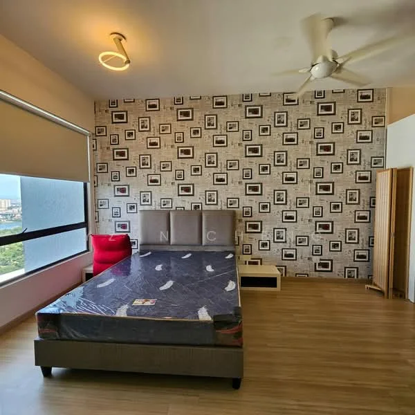 Bedroom features: queen-size bed, upholstered headboard, wooden flooring, decorative wallpaper with framed photo patterns, ceiling fan, large window with roller blinds, red accent chair, nightstand, wall-mounted light fixture; style: modern; view: city.