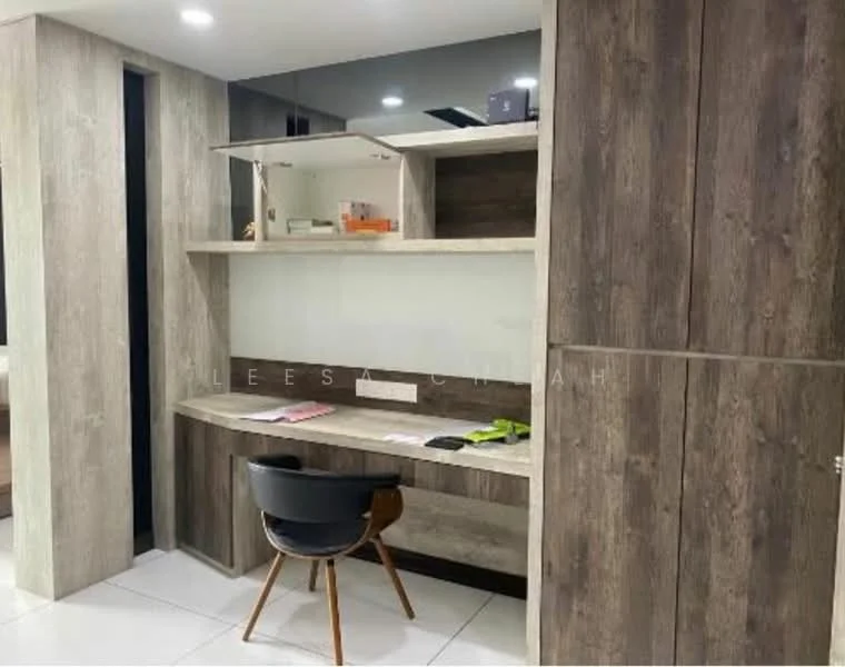 Study features: wooden cabinetry with a natural finish, built-in desk with a smooth surface, black chair with wooden legs, white wall panel behind the desk, open shelving above the desk, closed cabinetry on the right, white tiled flooring, recessed lighting; style: modern.