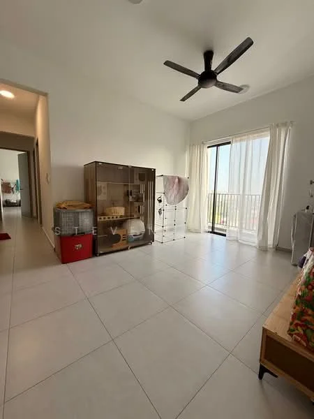 Room features: white painted walls, tile flooring, 5-blade ceiling fan, floor-to-ceiling sliding glass door, sheer curtains, balcony access, large glass display cabinet, pet enclosure, wooden bench, decorative cushions; style: modern; view: city.