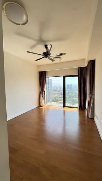 Living features: wooden flooring, 5-blade ceiling fan with light, floor-to-ceiling sliding glass door, sheer curtains, balcony access, neutral painted walls, recessed downlights, city view; style: modern; view: city.