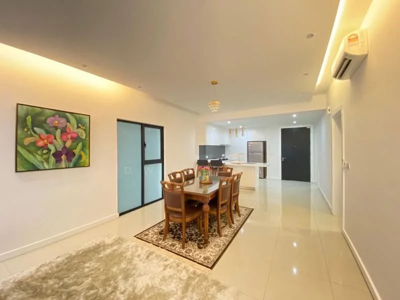 Dining features: 6-seater dining table, wooden dining chairs, area rug with floral pattern, white painted walls, recessed downlights, chandelier, sliding glass door, glossy tile flooring, decorative wall art, open layout to kitchen, air conditioning unit; style: modern. Room features: white painted walls, glossy tile flooring, recessed downlights, doorway to kitchen, doorway to hallway, air conditioning unit.