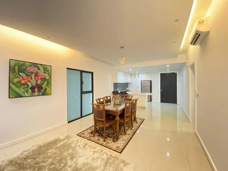 Dining features: 6-seater dining table, wooden dining chairs, area rug with floral pattern, wall-mounted air conditioning unit, recessed ceiling lights, chandelier, white painted walls, glossy tile flooring, decorative wall art with floral design, open layout to kitchen, glass door leading to another room; style: modern. Room features: white painted walls, glossy tile flooring, open layout to dining area, kitchen visible in background.