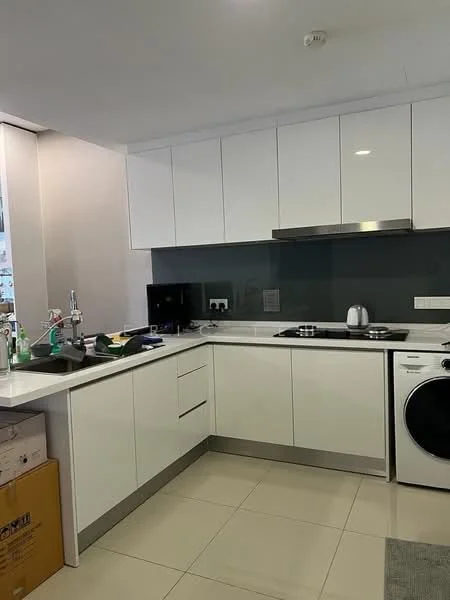 Kitchen features: white flat-panel cabinets, grey glass backsplash, stainless-steel countertop, built-in stove with 4 burners, stainless-steel range hood, single-bowl stainless-steel sink, chrome pull-down faucet, built-in washing machine, white ceramic tile flooring, recessed downlights; style: modern.