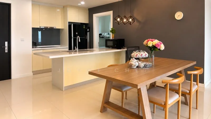 Kitchen features: yellow cabinetry, white countertop, stainless-steel sink, chrome pull-down faucet, built-in oven, black refrigerator, microwave, pendant lighting, ceramic tile flooring, wall-mounted cabinets, open shelving, kitchen island, breakfast bar; style: modern. Dining features: wooden dining table, 4 upholstered dining chairs, decorative centerpiece with flowers, wall clock, neutral wall color; style: modern.