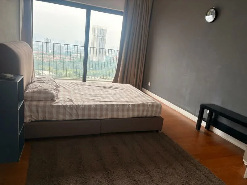 Bedroom features: king-size bed with striped bedding, wooden flooring, grey accent wall, floor-to-ceiling windows, curtains, area rug with neutral color, nightstand, wall clock; style: modern; view: city.