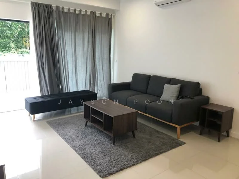 Living features: grey fabric sofa, black upholstered bench, wooden coffee table, area rug in grey, floor-to-ceiling windows, sheer curtains, wall-mounted split AC, light-colored tiled flooring, decorative wall, side table; style: modern; view: garden.