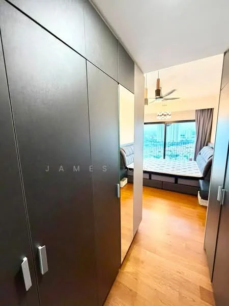 Room features: built-in wardrobe with mirrored doors, wooden flooring, ceiling fan, large window with city view, sofa, bed with bedding, curtains, light fixture; style: modern; view: city.