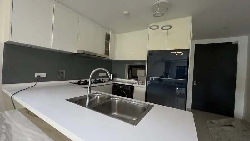 Kitchen features: white cabinetry, grey backsplash, stainless-steel sink, chrome pull-down faucet, built-in oven, 4-burner gas hob, black refrigerator, white countertop, under-cabinet lighting, washer-dryer combo, sliding door, recessed ceiling lights; style: modern.