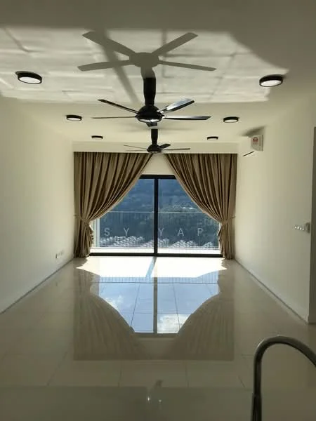 Living features: white painted walls, polished tile flooring, 5-blade ceiling fan with light, recessed LED downlights, floor-to-ceiling sliding glass door, sheer curtains, air conditioning unit, city view; style: modern; view: city.