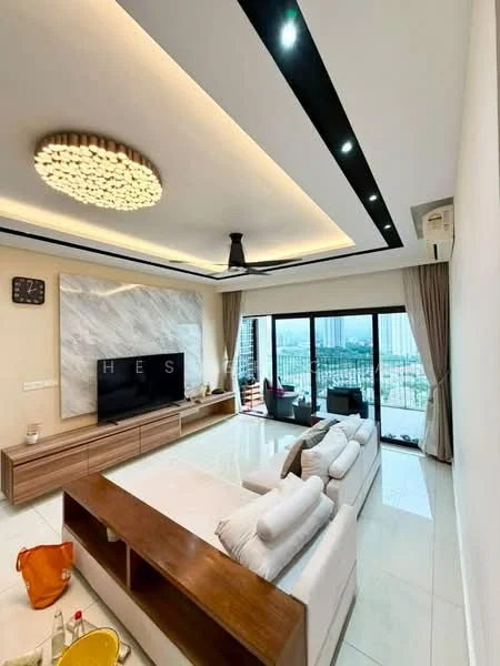Living features: white walls, marble tile flooring, tray ceiling with recessed lighting, chandelier, 5-blade ceiling fan, floor-to-ceiling windows, curtains, TV console, wall-mounted TV, sofa with cushions, coffee table, decorative wall art, air conditioning unit; style: modern; view: city.