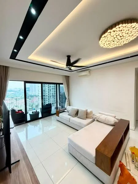 Living features: white painted walls, marble tile flooring, tray ceiling with recessed lighting, 5-blade ceiling fan with light, floor-to-ceiling windows, curtains, L-shape sectional sofa in white, wooden console table, wall-mounted TV, decorative ceiling light, air conditioning unit; style: modern; view: city.