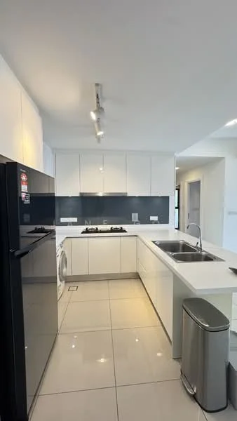 Kitchen features: white cabinetry, black backsplash, stainless-steel sink, chrome pull-down faucet, 4-burner gas hob, built-in oven, stainless-steel fridge, white countertop, tile flooring, recessed LED downlights, wall-mounted cabinets, open shelving, kitchen island, waste bin, washing machine; style: modern.