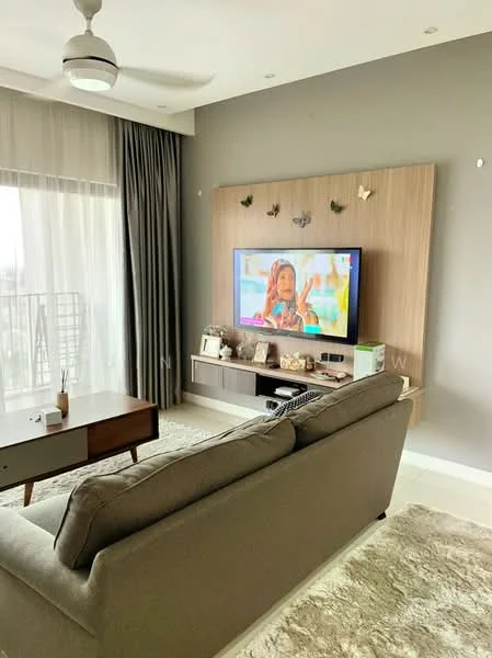 Living features: 3-seater fabric sofa in grey, coffee table, wall-mounted TV, TV console, area rug, floor-to-ceiling windows, sheer curtains, recessed downlights, ceiling fan, decorative wall with wood paneling, grey painted walls; style: modern; view: city.