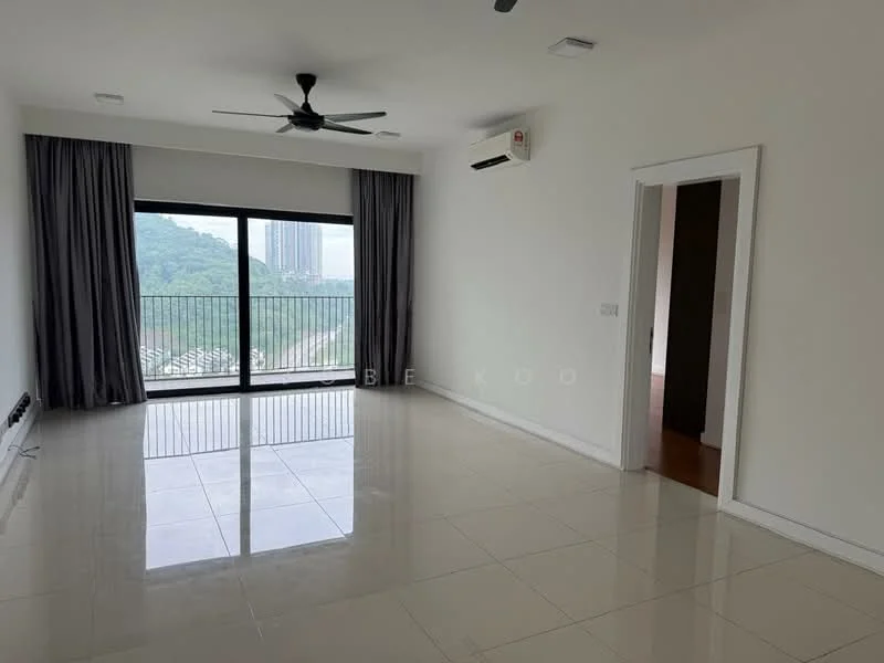 Living features: large floor-to-ceiling windows, grey curtains, white painted walls, polished ceramic tile flooring, 5-blade ceiling fan, wall-mounted split AC, balcony access, mountain view; style: modern; view: mountain.