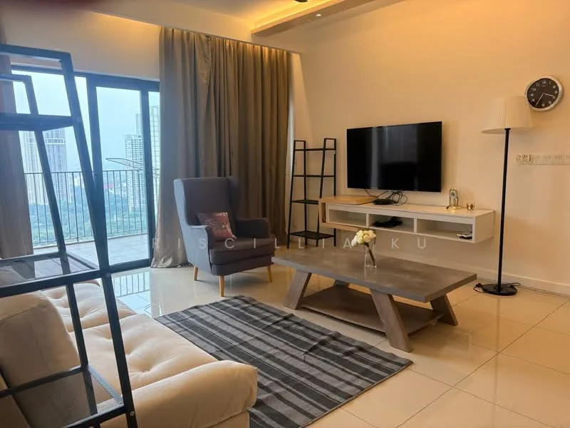 Living features: grey fabric armchair, light grey sofa, coffee table with wooden surface, black metal shelving unit, wall-mounted flat-screen TV, floor lamp with white shade, striped area rug, curtains in light brown, floor-to-ceiling windows, city view, decorative wall clock; style: modern; view: city.
