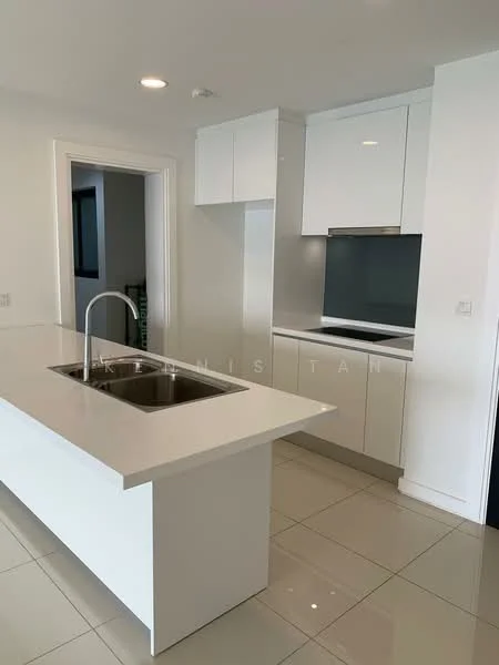 Kitchen features: white cabinetry, marble countertop, single-bowl stainless-steel sink, chrome pull-down faucet, built-in oven, ceramic tile flooring, recessed downlights, open shelving, flat-panel cabinet doors, grey backsplash; style: modern.