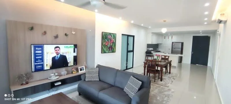 Living features: grey fabric sofa, wood coffee table, wall-mounted TV, decorative wall panel, ceiling fan with light, recessed downlights, area rug, framed artwork, dining table with chairs, open layout to kitchen, sliding glass door, tile flooring; style: modern. Kitchen features: stainless-steel fridge, built-in oven, freestanding range oven, white cabinetry, marble countertop, kitchen island, pendant lighting, ceramic tile backsplash; style: modern.