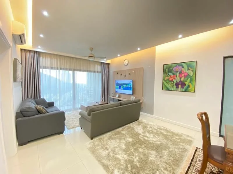 Living features: 2-seater fabric sofa in grey, 3-seater fabric sofa in grey, coffee table, wall-mounted TV, TV console, area rug with geometric pattern, ceiling fan with light, floor-to-ceiling windows, sheer curtains, decorative wall clock, framed artwork, recessed LED downlights, white painted walls, polished tile flooring; style: modern; view: city.
