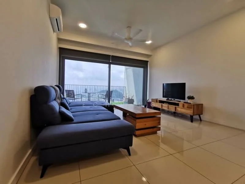 Living features: L-shape sectional sofa in navy blue, coffee table with wooden base, TV console with wooden drawers, wall-mounted TV, floor-to-ceiling windows, sliding glass door, white painted walls, recessed downlights, ceiling fan, glossy tile flooring; style: modern; view: city.