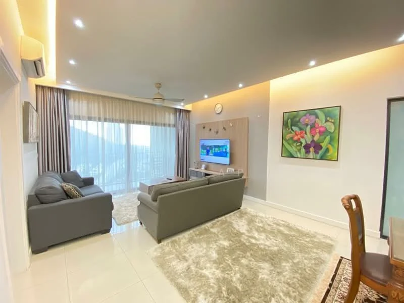 Living features: 2-seater fabric sofa in grey, 3-seater fabric sofa in light grey, coffee table, TV console, wall-mounted TV, area rug with geometric pattern, ceiling fan with light, floor-to-ceiling windows with sheer curtains, decorative wall art, recessed LED downlights, white painted walls, polished tile flooring; style: modern; view: city.