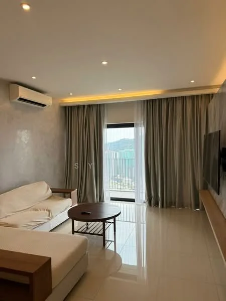 Living features: cream fabric sofa, round wooden coffee table, wall-mounted TV, floor-to-ceiling windows, sheer curtains, blackout curtains, recessed LED downlights, split wall-mounted AC, glossy tile flooring, decorative wall paneling, mountain view; style: modern; view: mountain.