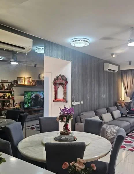 Living features: grey fabric sectional sofa, round marble dining table, upholstered dining chairs, wall-mounted TV, decorative wall mirror, suspended ceiling lights, wall-mounted split AC, wood panel accent wall, area rug with geometric pattern, shelves with decorative items, large window with curtains; style: modern.