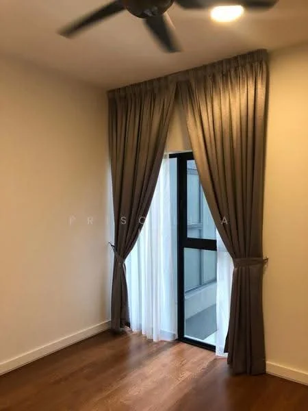 Room features: wooden flooring, white painted walls, floor-to-ceiling windows, sheer curtains, dark grey curtains, 5-blade ceiling fan, recessed lighting; style: modern.