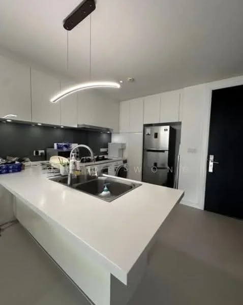 Kitchen features: white quartz countertop, single-bowl stainless-steel sink, chrome pull-down faucet, white cabinetry with flat-panel doors, built-in oven, freestanding fridge, recessed LED downlights, pendant light fixture, grey backsplash, open shelving, kitchen island with seating, ceramic tile flooring; style: modern.