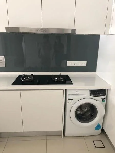 Kitchen features: white cabinetry, grey glass backsplash, white countertop, built-in gas hob with two burners, stainless-steel range hood, front-load washing machine, ceramic tile flooring, recessed downlights; style: modern.