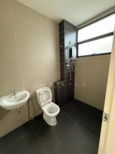 Bathroom features: white ceramic toilet, wall-mounted basin with chrome faucet, shower area with handheld shower, black tiled wall, light grey tiled walls, dark grey floor tiles, window for natural light, chrome showerhead; style: modern.