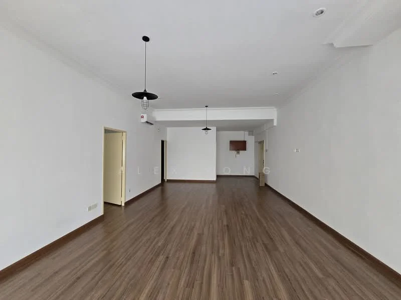 Room features: white painted walls, wooden flooring, recessed downlights, 2 pendant lights, doorways leading to other rooms, no visible furniture, open layout, high ceiling; style: modern.
