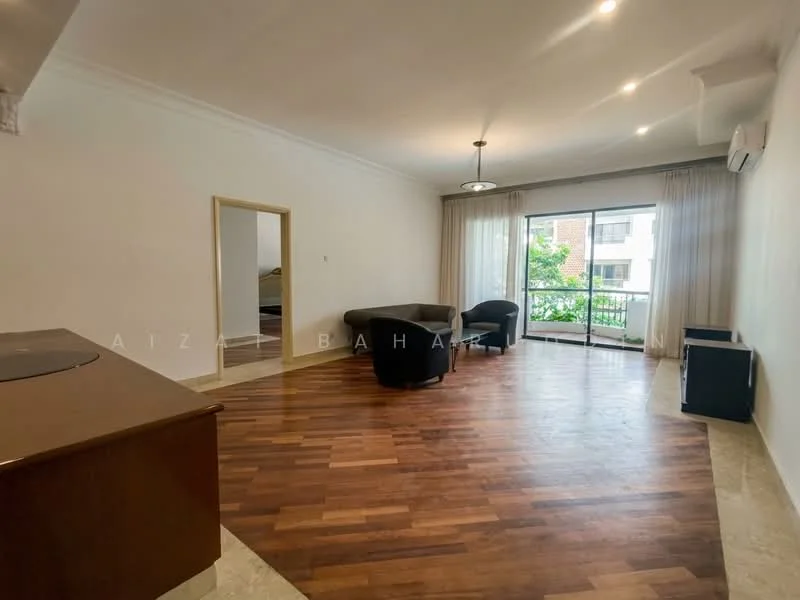 Living features: wooden flooring, white painted walls, recessed downlights, floor-to-ceiling windows, sliding glass door, curtains, 2-seater fabric sofa in dark color, coffee table, air conditioning unit, balcony view; style: modern; view: garden.