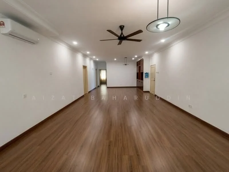 Living features: wooden flooring, white painted walls, recessed downlights, 2-blade ceiling fan, 1 wall-mounted split AC, large window with sheer curtains, doorway leading to another room, open layout, neutral color palette, decorative wall molding; style: modern.