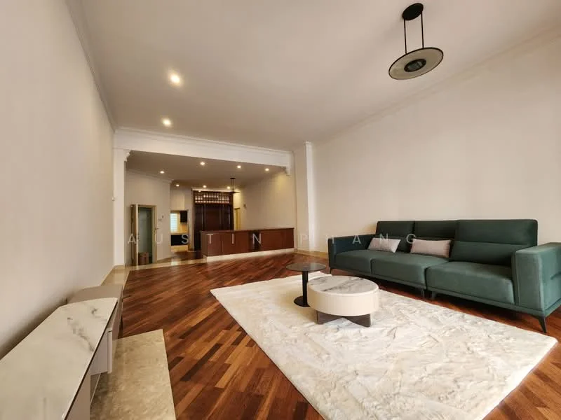 Living features: dark green fabric sofa, round coffee table, area rug with geometric pattern, wooden flooring, white painted walls, recessed downlights, ceiling light fixture, open layout to dining area, large windows, decorative wall panel; style: modern.