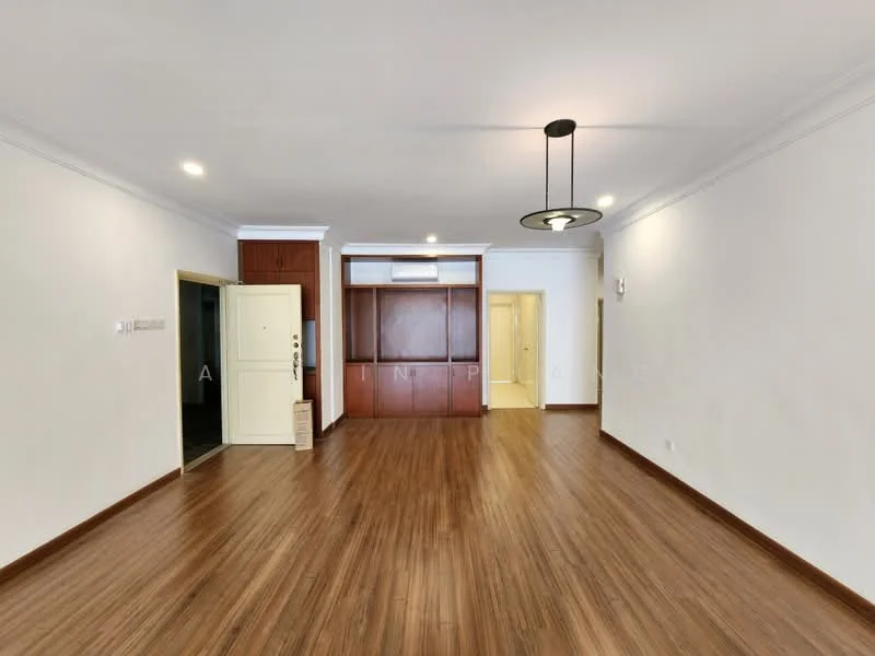 Room features: laminate wood flooring, white painted walls, crown moulding, recessed downlights, ceiling light fixture, built-in wooden cabinetry, main entrance door, air conditioning unit, doorway leading to another room; style: modern.