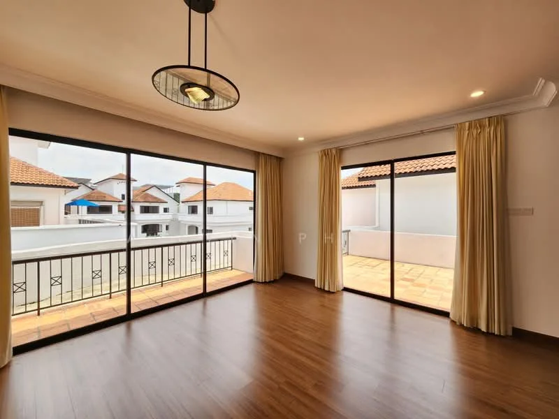 Living features: wooden flooring, large floor-to-ceiling windows, sliding glass door, curtains, recessed ceiling lights, pendant light fixture, neutral wall color, balcony access; style: modern; view: courtyard.