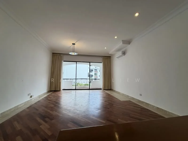 Living features: wood flooring, white painted walls, crown moulding, recessed downlights, ceiling light fixture, floor-to-ceiling sliding glass door, curtains, wall-mounted split AC; style: modern.