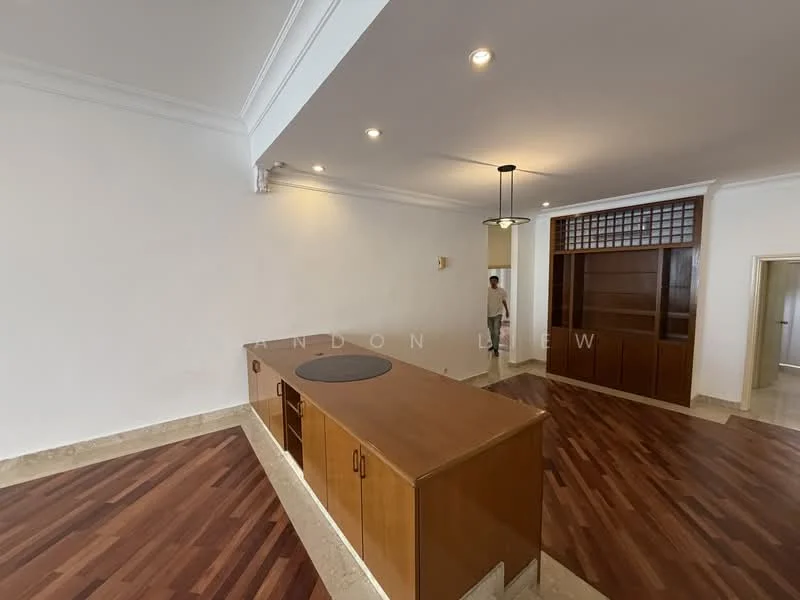 Living features: wooden flooring, white painted walls, tray ceiling, recessed downlights, built-in wooden cabinetry, open layout, large windows, pendant light fixture; style: modern.