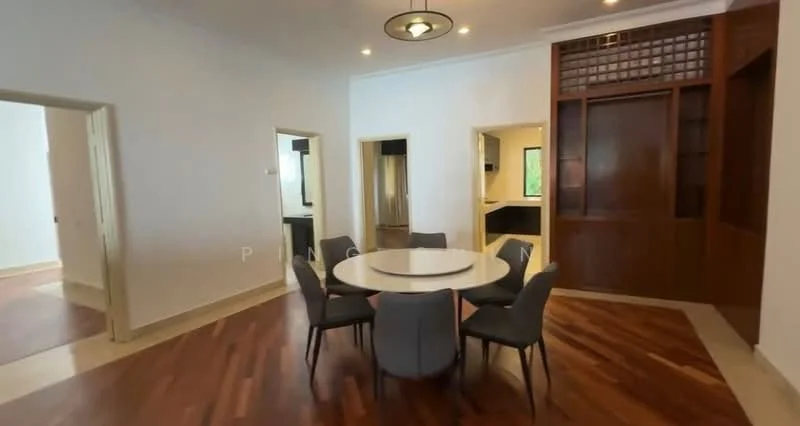 Dining features: round dining table, 6 upholstered dining chairs, wooden flooring, white painted walls, recessed ceiling lights, ceiling light fixture, built-in wooden cabinetry, large windows, open layout to adjacent rooms; style: modern. Room features: doorway to adjacent room, doorway to kitchen area.