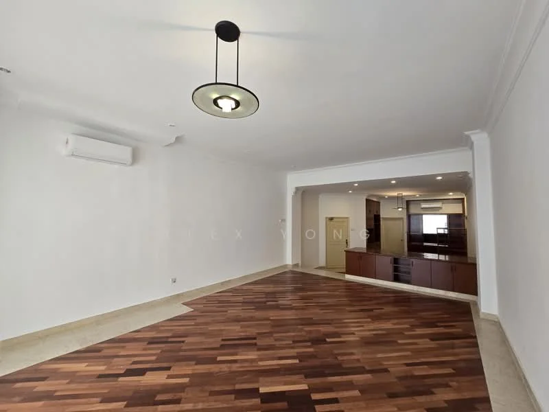 Living features: marble tile flooring, wooden flooring, 1 wall-mounted split AC, recessed downlights, pendant light, white painted walls, open layout, built-in cabinetry, kitchenette area; style: modern.