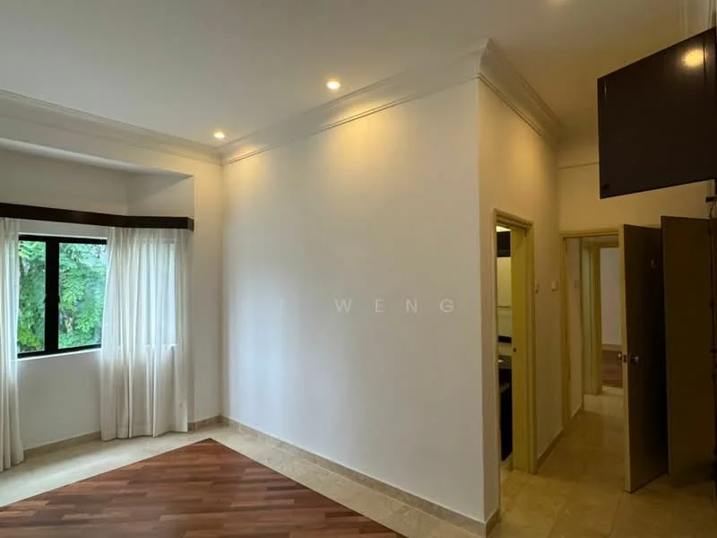 Room features: white painted walls, crown moulding, recessed downlights, large window with sheer curtains, wooden flooring, tile flooring, doorway leading to another room, door leading to bathroom, natural light from window; style: modern; view: garden.